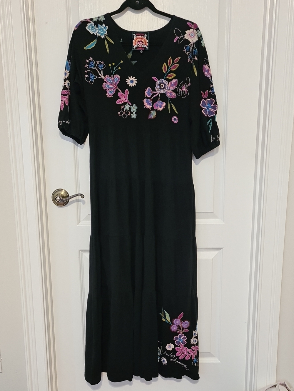 Johnny Was Black Maxi Dress with Pink, Purple & Blue Floral Embroidery
